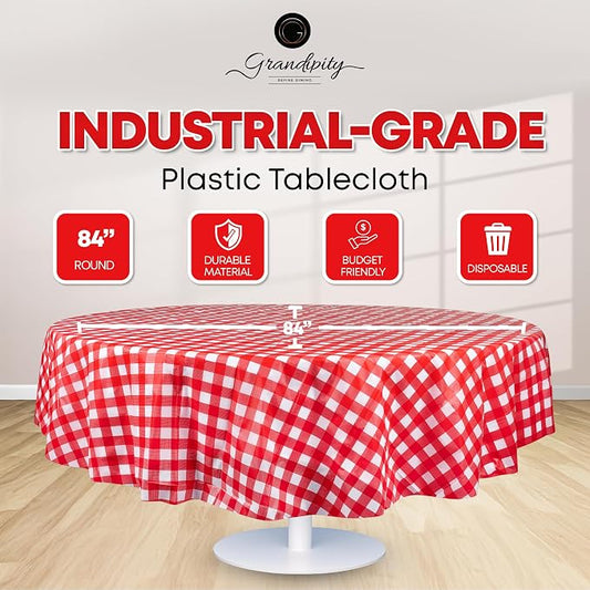 Grandipity 12 Pack Premium Disposable Plastic Picnic Tablecloth 84" Inch Decorative Round Table Cover - Red Checkered Gingham