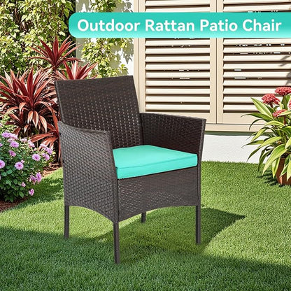 FDW Patio Furniture Set PE Rattan Patio Set Wicker Outdoor Furniture Bistro Set for Outdoor Indoor Use with Loveseats Coffee Table, Blue Cushions, 4 Pieces