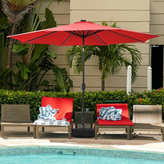 Sundale Outdoor 88 LED 10 FT Solar Patio Umbrella with Base, Red | Sand Bag Umbrella Base, Tilt, Crank, Solar Lights