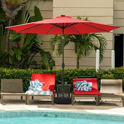Sundale Outdoor 88 LED 10 FT Solar Patio Umbrella with Base, Red | Sand Bag Umbrella Base, Tilt, Crank, Solar Lights