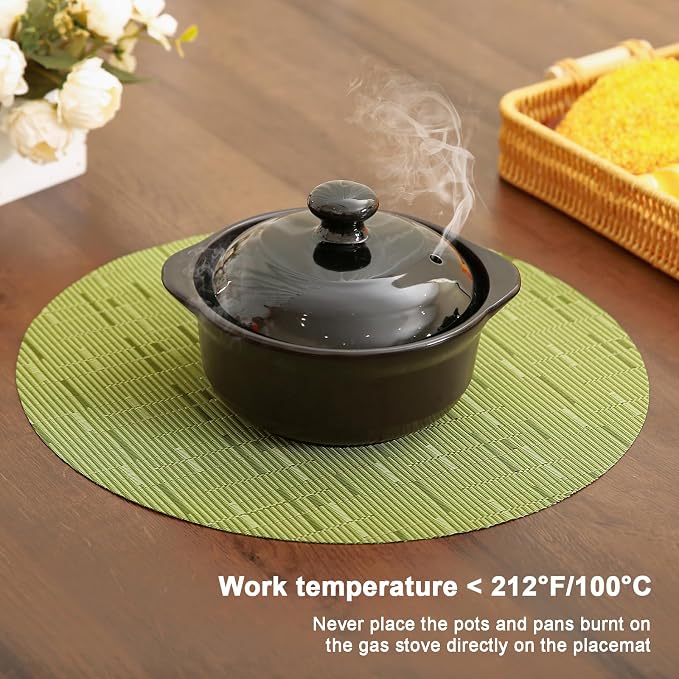 15 Inch Round Placemats Set of 4, Washable Vinyl Woven Place Mats | Heat Resistant Non-Slip Braided Table Mats for Dining Table Kitchen Indoor & Outdoor Use (Green, Set of 4)