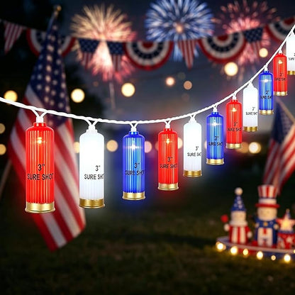 8.5Ft 4th of July String Lights, 10L LED Red White and Blue Shotgun Shell Lights Plug in for Home Classroom Porch Backyards Tree Patriotic Holiday Decorations, Indoor and Outdoor Use