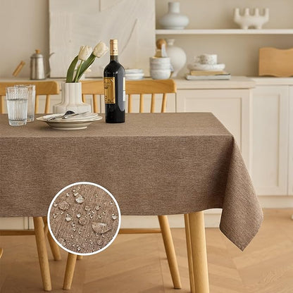Decorelia Waterproof Farmhouse Table Cloth for Party Wedding Table, Solid Linen Woven Fall Spill-Proof Tablecloth for Dining Room, Farmhouse, Restaurant (Oblong, 60 x 120 Inch (10-12 Seats), Coffee)