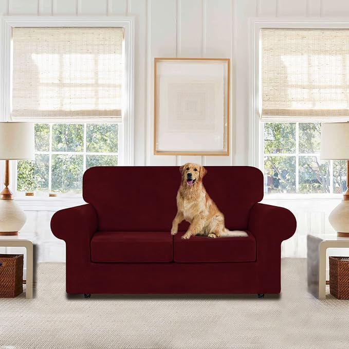 WEERRW Velvet Stretch 3 Pieces Couch Cover for Sofa Washable, Burgundy | Love Seat Couch Covers for 2 Cushion Couch Sofa Furniture Protector slipcoves with Elastic Bottom for Kids, Medium