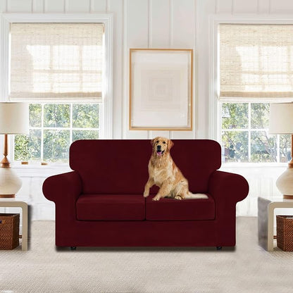 WEERRW Velvet Stretch 3 Pieces Couch Cover for Sofa Washable, Burgundy | Love Seat Couch Covers for 2 Cushion Couch Sofa Furniture Protector slipcoves with Elastic Bottom for Kids, Medium