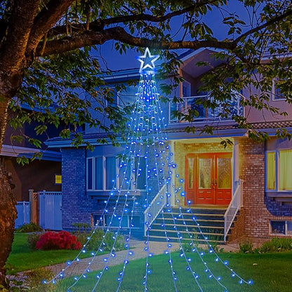 Christmas Decorations Star String Lights, 320 LED Waterfall Tree Lights with 13" Topper Star 8 Lighting Modes Indoor Outdoor Decorative for New Year, Holiday, Wedding, Party