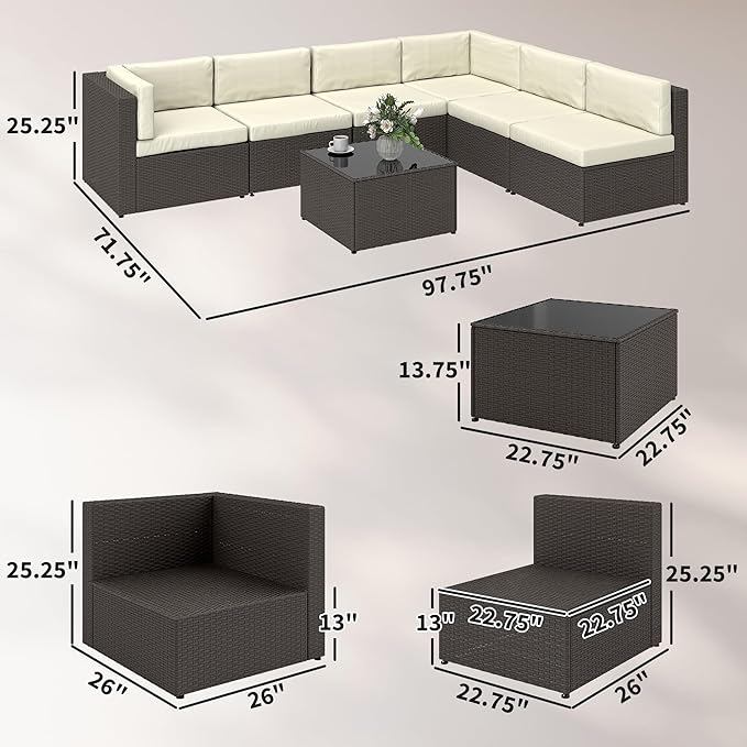 Outsunny 7 Piece Patio Furniture Set, Wicker Outdoor Sectional Sofa Set, All Weather PE Rattan Outdoor Furniture Conversation Sets with Cushions, Glass Top Coffee Table, Cream White