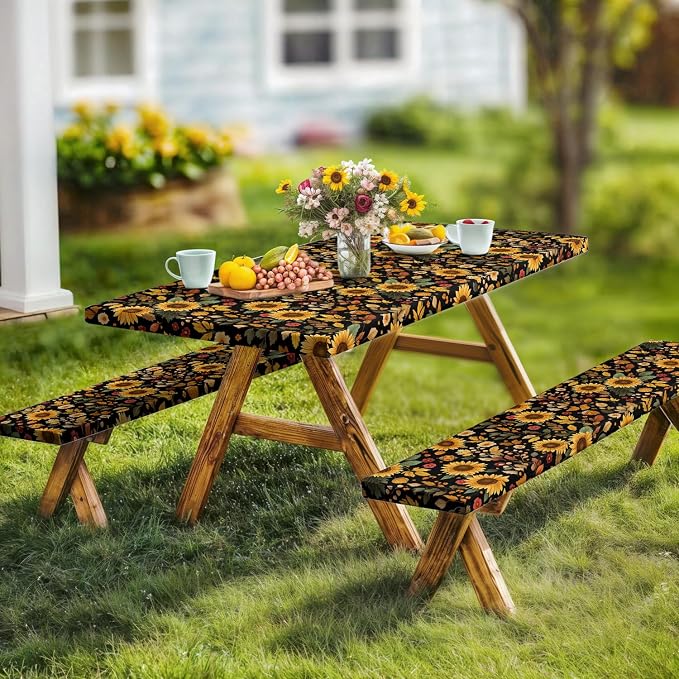 Picnic Table Cover with Bench Covers, Camping Essentials, Sunflower Flower Leaves Waterproof Windproof Patio Table Cover, Fitted Tablecloth Cover with Elastic Edge for Indoor Outdoor 3 PCS 30x96 Inch