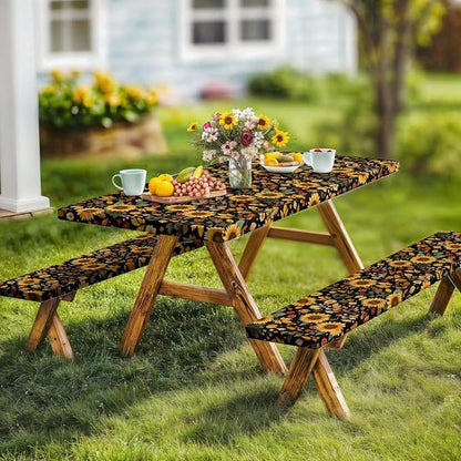 Picnic Table Cover with Bench Covers, Camping Essentials, Sunflower Flower Leaves Waterproof Windproof Patio Table Cover, Fitted Tablecloth Cover with Elastic Edge for Indoor Outdoor 3 PCS 30x96 Inch