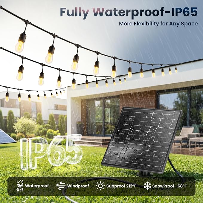 48FT Solar String Lights Outdoor Waterproof, 30 Super Bright LED Bulbs, USB Charging & Remote Control - Color Adjustable Solar Power Patio Lights, with Intelligent Assisted Positioning