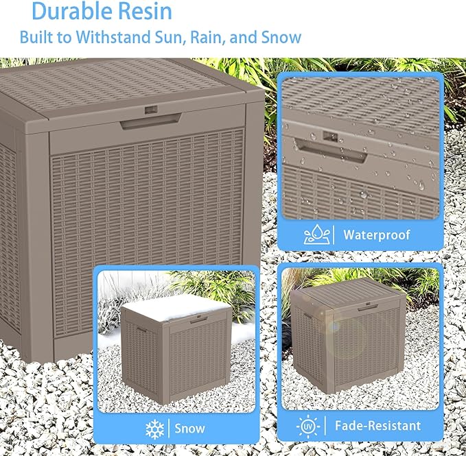 Pepe Tee 30 Gallon Deck Box, Waterproof Resin Outdoor Storage Box with Lid, All-Weather Garden Tool Organizer, Charcoal