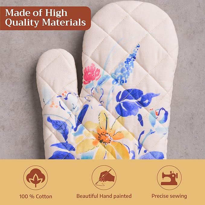 Maison d'Hermine Oven Gloves 100% Cotton Oven Mitt 7" x 13" with Loop Heat Resistant BBQ Cooking Gloves Baking Grilling Kitchen Hotel Home Farmhouse Spring Summer (Pack of 1, Girassol)