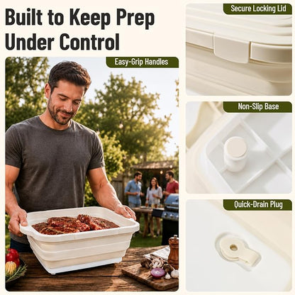 BBQ Prep Tub,16L Collapsible Cutting Board with Locking Lid, White for Camp | Foldable Marinating Basin, Leak-Resistant Edges, Space-Saving Storage, For Camping, Picnic, Tailgate, RV, Backyard Grilling