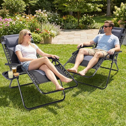 NEWBULIG Padded Zero Gravity Chair, Folding Lounge Chair Outdoor, Black | Foldable Beach Camping Recliner Chair with Adjustable Pillow and Trays for Poolside Lawn Patio