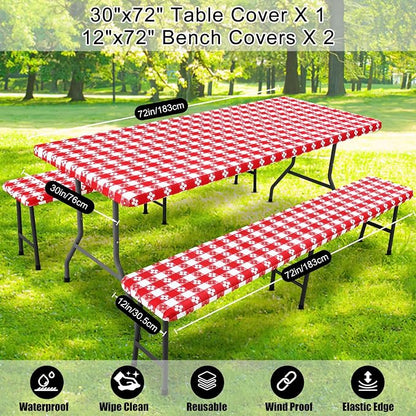 Smiry Picnic Table Cover with Bench Covers, Waterproof Elastic Fitted Tablecloth for 6 Foot Tables, Washable Polyester Tablecloths for Camping, Indoor & Outdoor (Red & White, 30x72 Inch 3-pc Set)