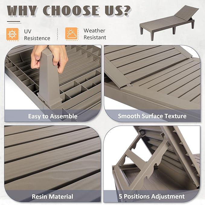 Outdoor Chaise Lounge Chairs Set of 4, 5-Position Adjustable Heavy Duty Tanning Loungers with Wood Texture, All-Weather Resin Patio Recliners for Pool, Garden, Deck, Beach, Grey