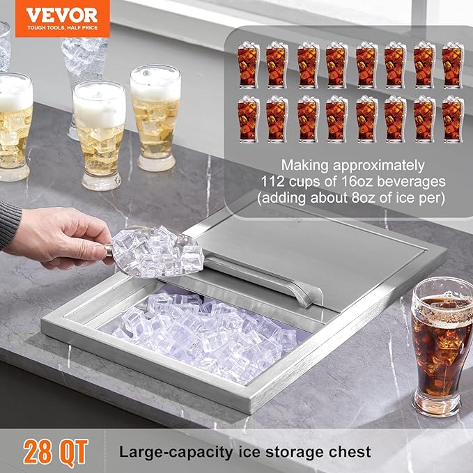 VEVOR Drop in Ice Chest, 18"L x 12"W x 14.5"H Stainless Steel Ice Cooler, Commercial Ice Bin with Sliding Cover, 40.9 qt Outdoor Kitchen Ice Bar, Drain-pipe and Drain Plug Included, for Cold Wine Beer | Commercial Ice Bin for Cold Wine Beer, 40.9 qt Ou...