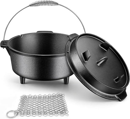 Joyfair Pre-seasoned Cast Iron Camp Dutch Oven, 5QT Pot & 2QT Skillet Lid | Open Fire Camping Cookware Set For Outdoor Campfire Cooking - Stewing Chicken,Baking Sourdough Bread, Plus Cleaner, Oven Safe