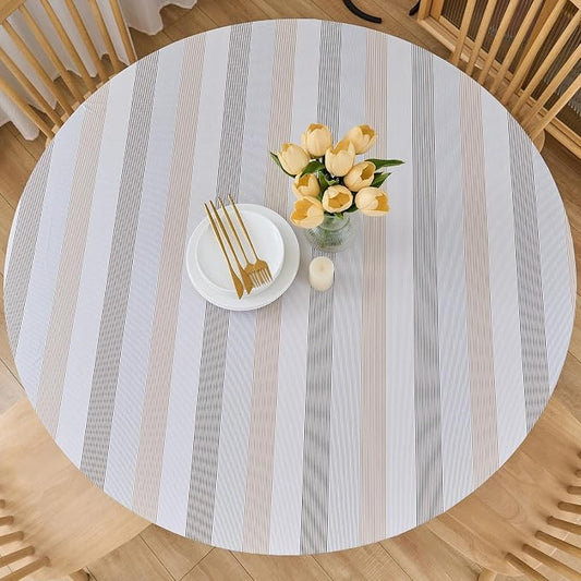 LIBERECOO Round Vinyl Fitted Tablecloth with Flannel Backing Elastic Edge Table Cover Waterproof Stain-Resistant Wipeable Tablecloths Fits 45-56 Inch Round Tables