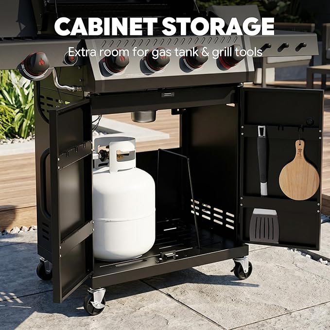 Feasto 4-Burner Propane Gas Grill w/Sear & Side Burner, Porcelain-Enameled Main Body and Lid, 49,500 BTU Outdoor BBQ Grill, 563 Sq. In. Cooking Area, Cabinet Storage, Backyard Patio Grill, Black