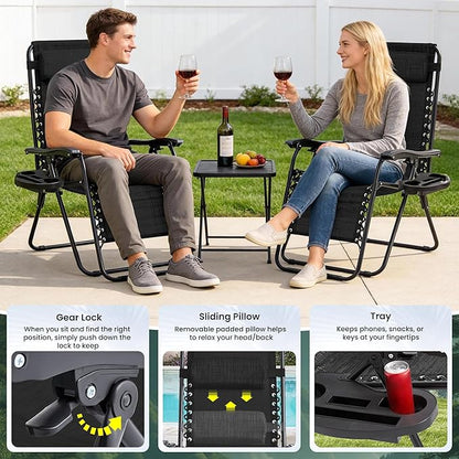 Zero Gravity Chair Set of 4 Oversized Folding Recliner, Padded Anti Gravity Lounge Chair with Adjustable Pillow & Cup Holder for Outdoor Camping, Patio, Poolside, Lawn (Black)