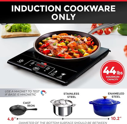 Mueller RapidTherm Portable Induction Cooktop,1800W Single Burner Hot Plate with 8 Power Levels, 8 Temperature Settings, 4 Presets, 4-Hour Timer, Auto Shut-Off & Child Lock for RV, Dorm, Small Kitchen