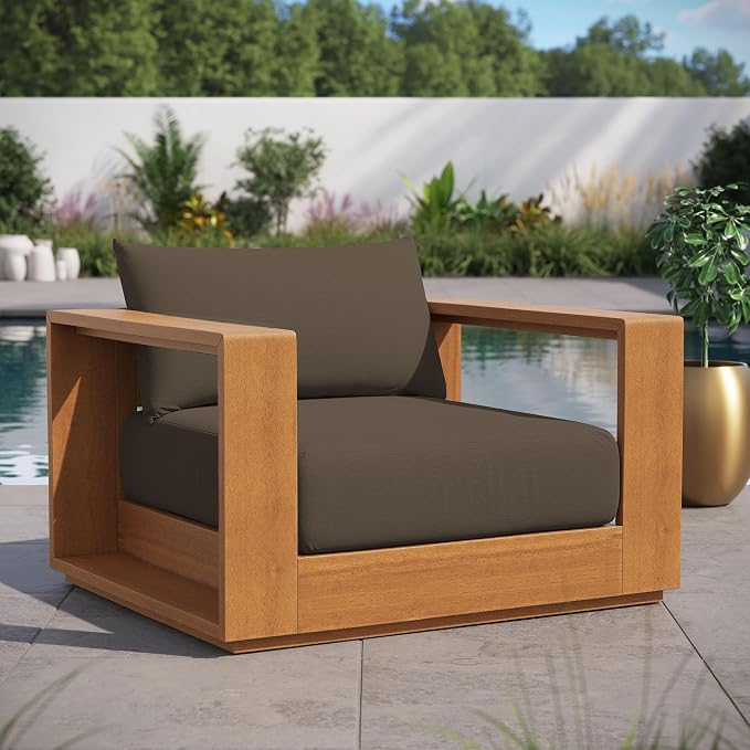 Modway Tahoe Acacia Wood Outdoor Patio Chair in Natural Cocoa with Weather-Resistant Cushions - Ideal as Club Chair or Outdoor Dining Chair