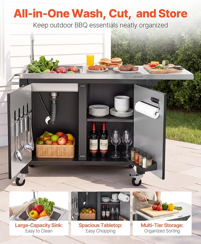 VEVOR Outdoor Grill Cart with Sink and Storage Cabinet, 52 Inch Grill Table, Waterproof Kitchen Island with Stainless Steel Top, Spice Rack, Wheel, Movable Food Prep Station for Patio Bar Backyard BBQ
