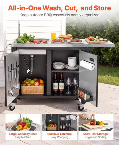 VEVOR Outdoor Grill Cart with Sink and Storage Cabinet, 52 Inch Grill Table, Waterproof Kitchen Island with Stainless Steel Top, Spice Rack, Wheel, Movable Food Prep Station for Patio Bar Backyard BBQ