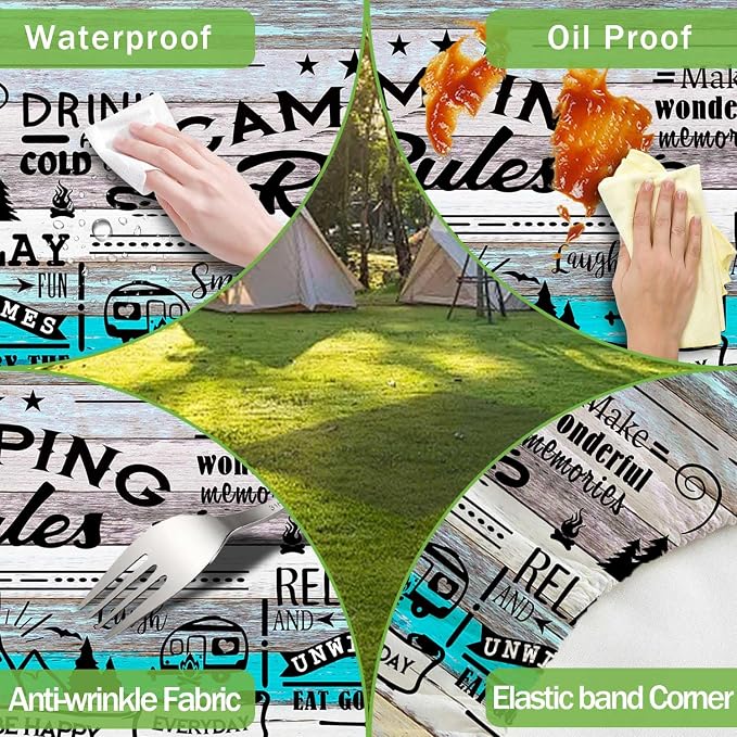JAWO Turquoise Wood Grain Camping Rules Quote Picnic Table Cover with Bench Covers, Camper RV Essentials Gear Supplies Outdoor Waterproof Windproof Tablecloth with Elastic, 30X60in