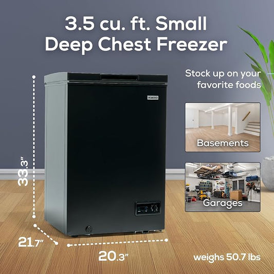 Igloo 3.5 Cu Ft. Upright Deep Freezer Chest- Deep Freezer with Quick Freezing System & Adjustable Thermostat- Low Noise Freezer with Removable Basket & LED Lights for Homes, Garages & Basements- Black