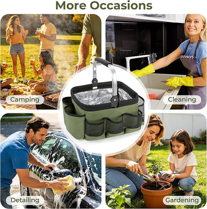 PGmoon Grill and Picnic Caddy, Foldable BBQ Tool Caddy with Rotated Handle, Multi-Pocket Grill Utensil Storage Bag for Outdoor Camping Picnic Patio Barbecue Accessories, Green