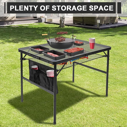 Folding Matel Grill Table, 3x2 FT Portable Camping Table | Lightweight Height Adjustable Metal Picnic Outdoor Table with Mesh Desktop and Mesh Bag, Beach and BBQ, Party
