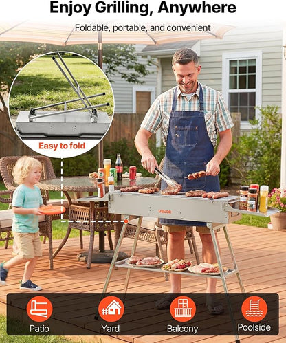 VEVOR Foldable Charcoal Grill, 250 sq.in. Portable Charcoal Barbecue Grill with Liftable Charcoal Tray & Side Tables, Brushed Stainless Steel BBQ Cooking Grills for Outdoor Camping Backyard Parties