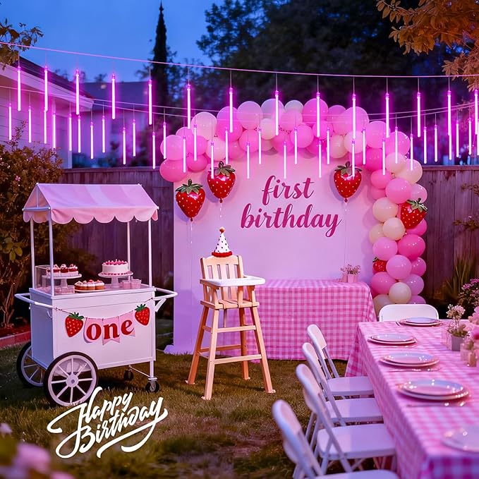 JMEXSUSS Pink Valentine Lights Outdoor, 8 Tube 144 LEDs Solar Meteor Shower Lights Outdoor, Solar Christmas Lights for Tree Eave Holiday Party Patio House Wedding Valentine's Day Decor