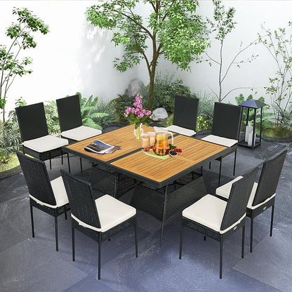 Tangkula 10 Piece Wicker Patio Dining Set, Outdoor Rattan Table & Chairs Set with Padded Cushions, Patio Furniture Dining Acacia Wood Table Set for Balcony Patio Garden Poolside