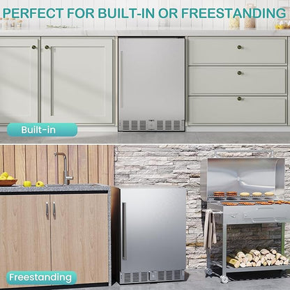 24 Inch Indoor/Outdoor Beverage Refrigerator 170 Cans, Stainless Steel Beverage Refrigerator for Undercounter Built-in or Freestanding, Lockable Door and Auto Defrost, Fast Cooling, Low Noise, 32-50℉