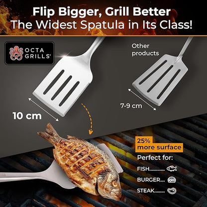 3-Piece BBQ Utensil Set – Premium Stainless Steel Grill Tools with Extra Wide Spatula - Black Pakka Wood Handles & Leather Hanging Loops (Spatula, Tongs & Fork)
