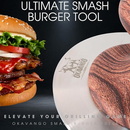 Okavango Burger Press Smash Burger Press - Hamburger Smasher Tool for Griddle & Grill Press Durable Stainless Steel Hamburger Press for Perfectly Cooked Smash Burgers - Burger Smasher (Wood Grain)