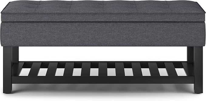 SIMPLIHOME Cosmopolitan Storage Ottoman Bench - 44 inch Wide Upholstered Linen Look Fabric Rectangle Storage Ottoman in Slate Grey, Transitional Bench for Bedroom with Tufted Lift-Top and Open Shelf