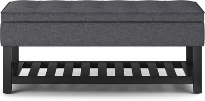 SIMPLIHOME Cosmopolitan Storage Ottoman Bench - 44 inch Wide Upholstered Linen Look Fabric Rectangle Storage Ottoman in Slate Grey, Transitional Bench for Bedroom with Tufted Lift-Top and Open Shelf