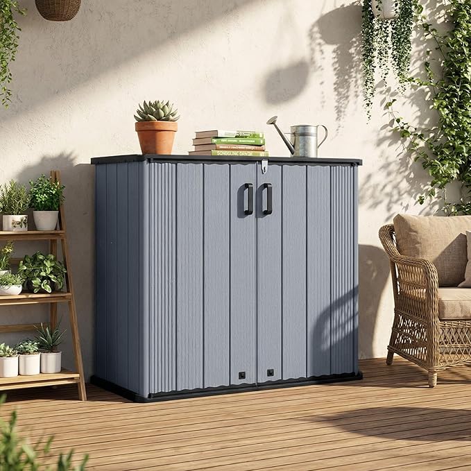 Tangkula 23.5 Cu.ft Outdoor Storage Shed, All-Weather Resin Patio Storage Box with Floor & Lockable Door, Waterproof Deck Box for Garden Tools, Pool Accessories