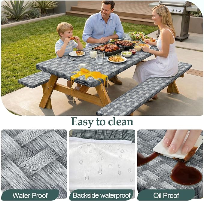 Picnic Table Cover with Bench Covers Camping Essentials Waterproof Windproof Camping Tablecloth with Drawstring Bag, Fitted Rectangle Tables and Seats, 72in, Dark Gray