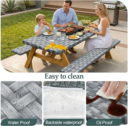 Picnic Table Cover with Bench Covers Camping Essentials Waterproof Windproof Camping Tablecloth with Drawstring Bag, Fitted Rectangle Tables and Seats, 72in, Dark Gray