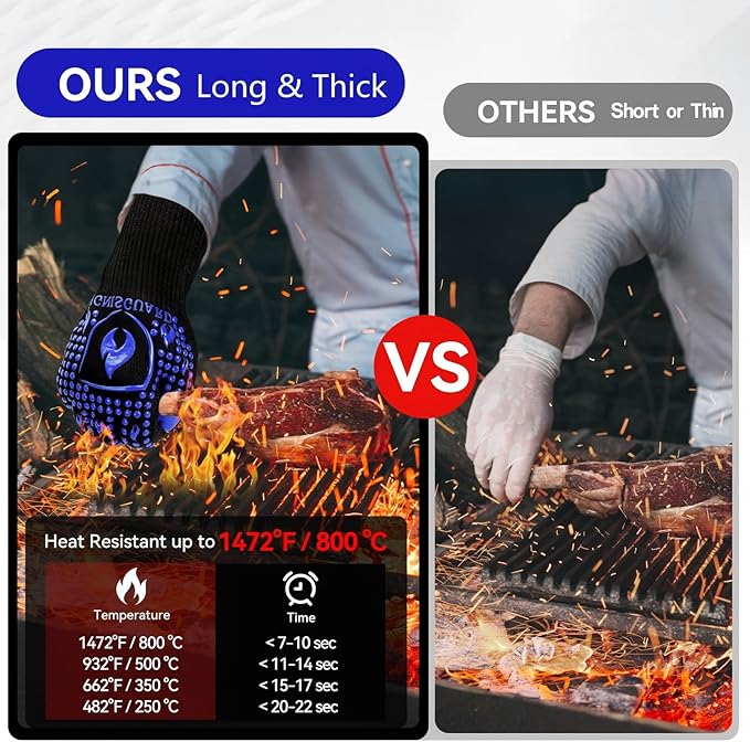 BBQ & Grill Gloves, Oven Gloves, 1472°F Silicone Oven Mitts Heat Resistant Grilling Gloves Fireproof Non-Slip for Barbecue Cooking Baking Smoking, 1-Pair (Blue, Large)