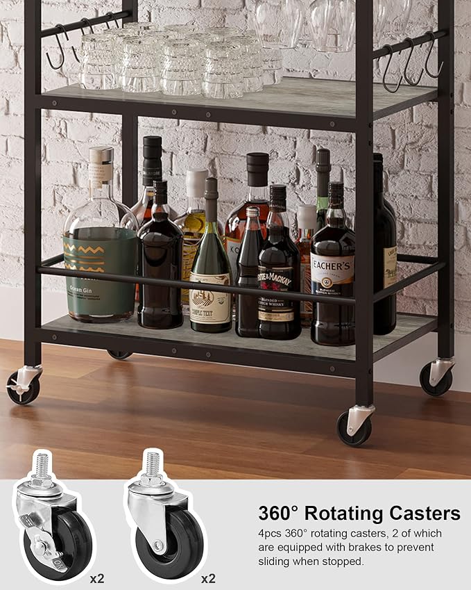 TUTOTAK Bar Cart with Wheels, Drink Cart with Wine Rack and Glass Holder | 3-Tier 23.7 Inch Wide Home Bar Serving Carts, Small Mobile Kitchen Shelf with 6 Hooks, Greige BC01BG030