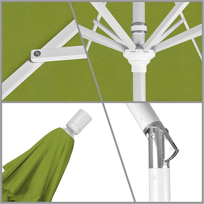 California Umbrella 9' Round Aluminum Market Umbrella, Crank Lift, Collar Tilt, White Pole, Kiwi Olefin