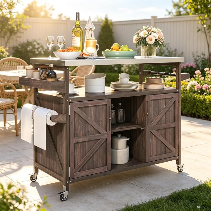 50.25" Outdoor Grill Table with Stainless Steel Top & Storage, Rolling BBQ Prep Cart with Locking Wheels, Patio Kitchen Island with Cabinet for Backyard