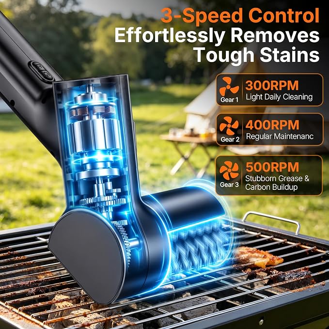 Electric Grill Brush for Outdoor, Portable BBQ Grill Cleaner | LED Light, 2 Replaceable Head, 3-Speed,LED Display, Gill Cleaning Brush Grill Accessories for Charcoal Grill, Gifts for Men