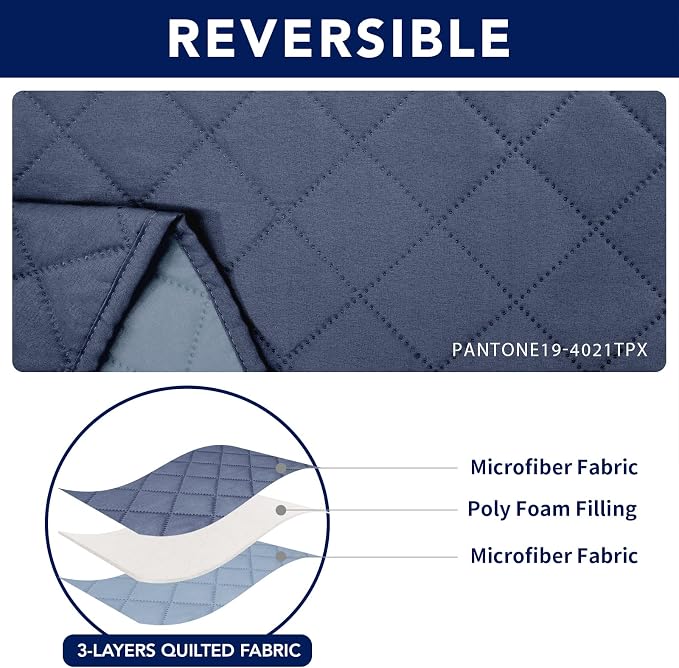 PureFit Water Resistant Reversible Loveseat Recliner Cover for Double | Double with Console, Non Slip Split Sofa Cover, Washable Reclining Cover, Dark Blue/Light Blue